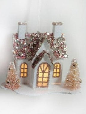 5" Vintage House Ornament with LED lights and Battery Timer - Set of 2