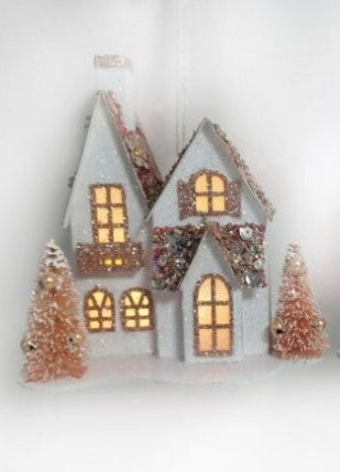 5" Vintage House Ornament with LED lights and Battery Timer - Set of 2