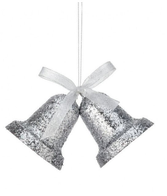 8" Plastic Glitter Retri Bells Ornament - SILVER