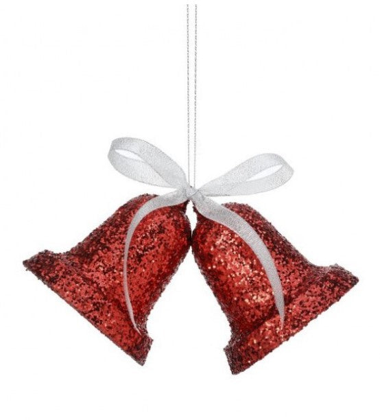 8" Plastic Glitter Retri Bells Ornament - RED