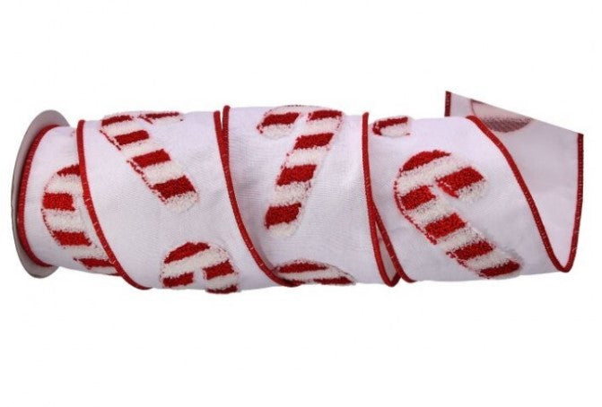 4"x 5Y Candy Cane Embroidered Ribbon - Red and White