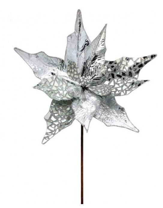 32" Glitter with Metalic Jewel Poinsettia Stem - Silver