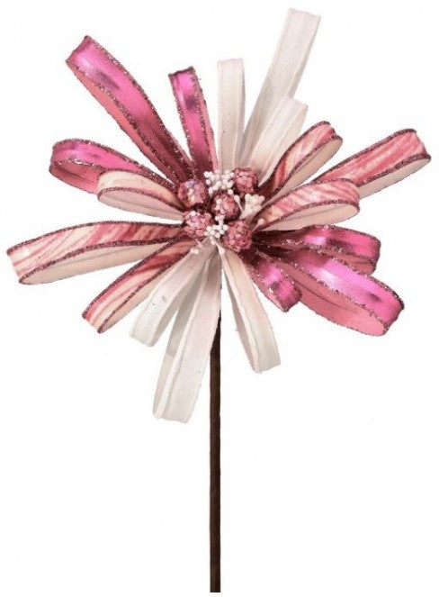 18" Metallic and Glitter Swirl Ribbon Flower Spray - Pink and White