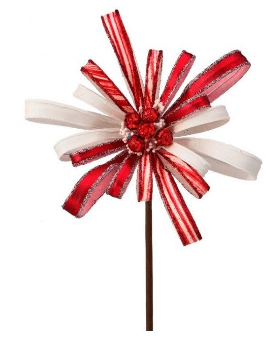 18" Metallic and Glitter Swirl Ribbon Flower Spray - Red and White