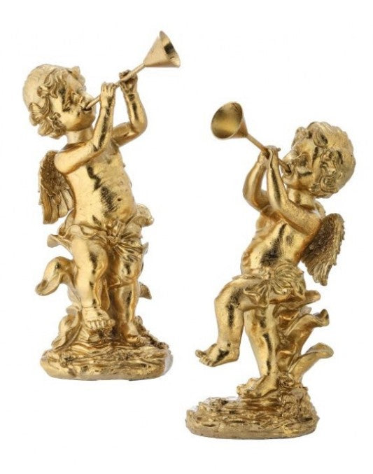 8" Resin Cherub with Horn - Gold - Set of 2