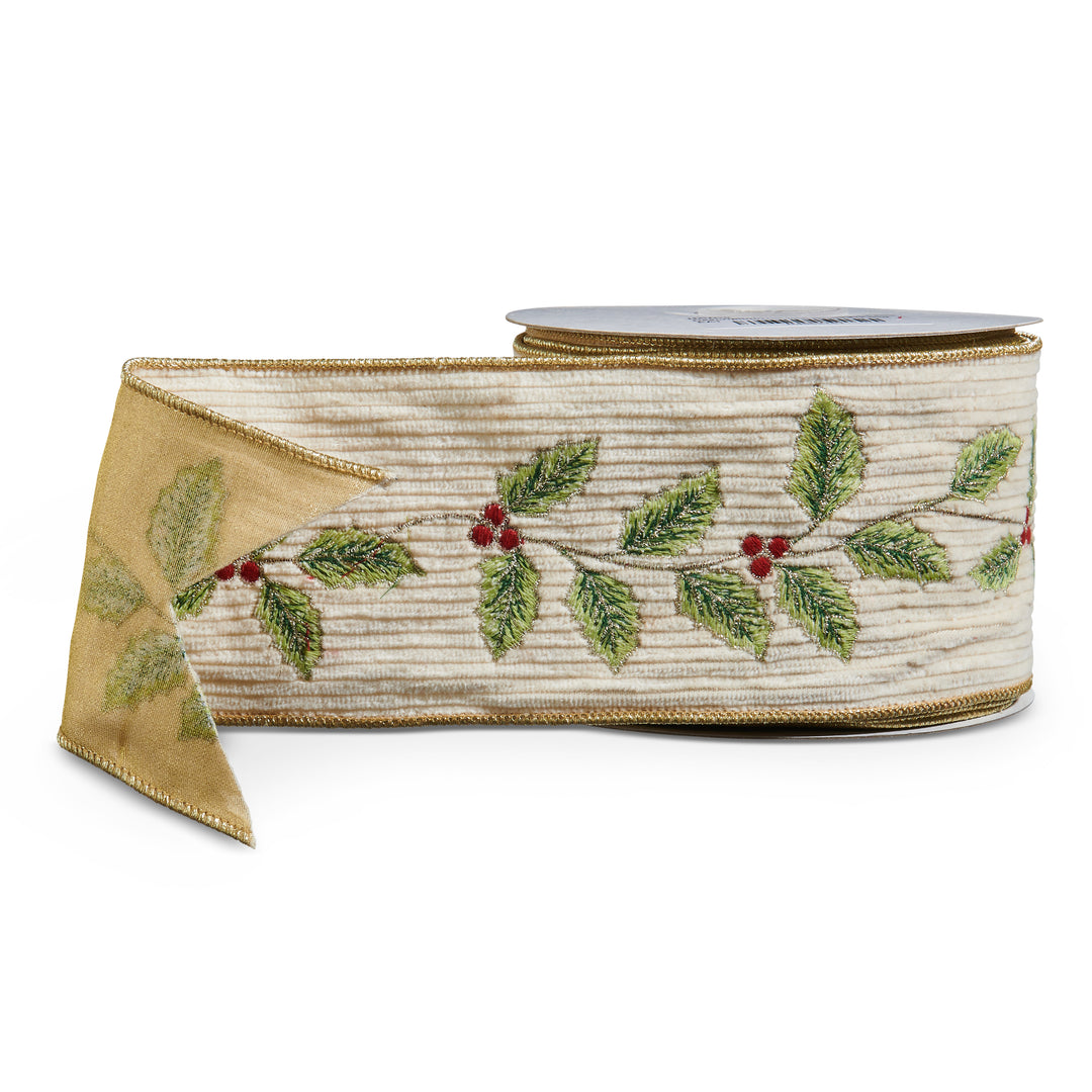 4" x 10 YDS Corduroy with Holly Pattern Wired Ribbon