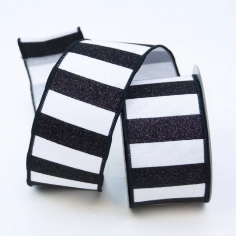 2.5" X 10 YDs Glitter Horizontal Stripes Ribbon - Black and White