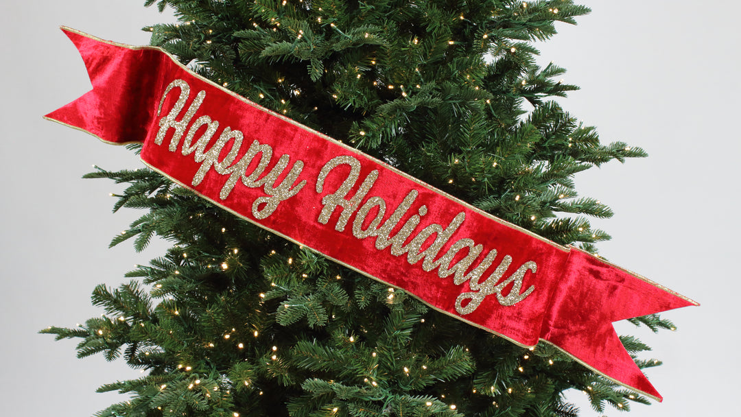 6" x 48" Happy Holidays Banner - Red with Gold Letters