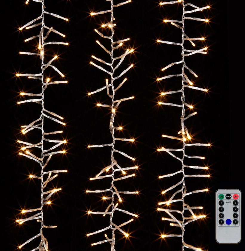 Raz 44' Cluster Garland on Clear Wire with Compact White Christmas Lights with Remote