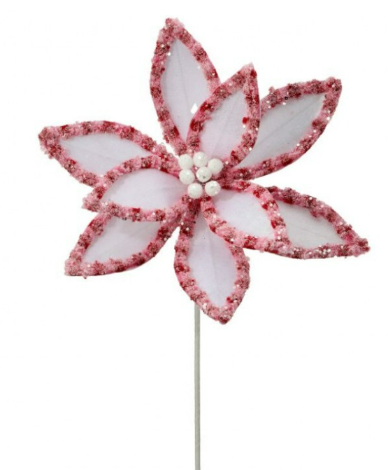 22" Candy with Snow glitter Poinsettia Stem - White and Pink