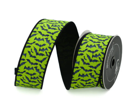 2.5" by 10 YDS - Lime Green Ribbon with Black Bats