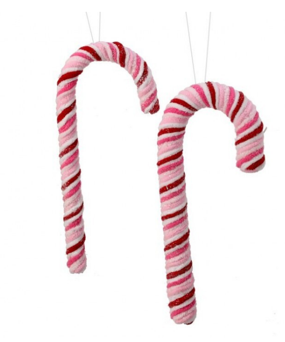 11.5" - 12" Chenille Sweets Candy Cane - Set of 2 - Red, Pink and White Striped