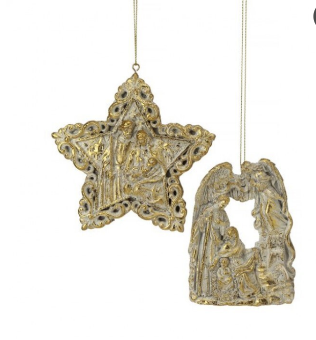 4" Resin Holy Family and Star Ornament - Set of 2 - Gold