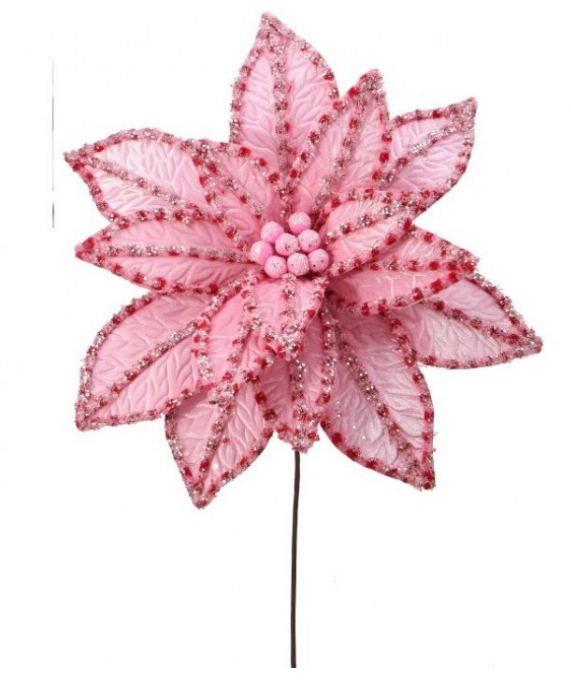 30" Giant Candy Snow Glitter Poinsetta Stem - Pink and Red