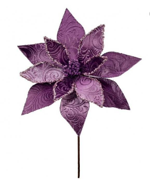 22" Baroque Velvet with Glitter Poinsettia Stem - Violet