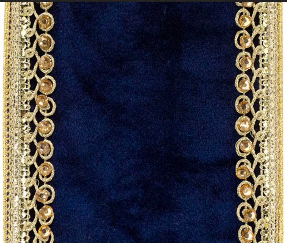 4" x 5 YDS Velvet Touch Deluxe Jewel Trim Metallic Backed WIred Edge - Navy and Gold