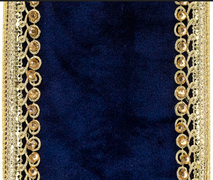 4" x 5 YDS Velvet Touch Deluxe Jewel Trim Metallic Backed WIred Edge - Navy and Gold