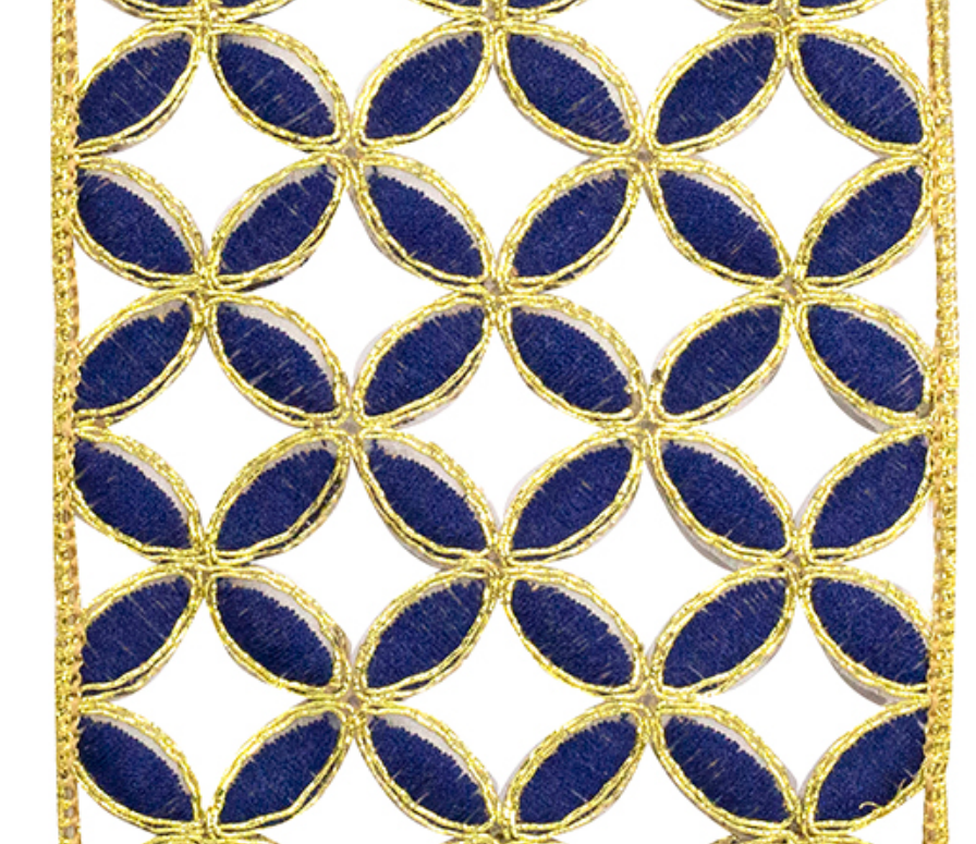 4" x 5 YDS Petal Embroidery Cut Out Deluxe Wired Edge - Navy and Gold