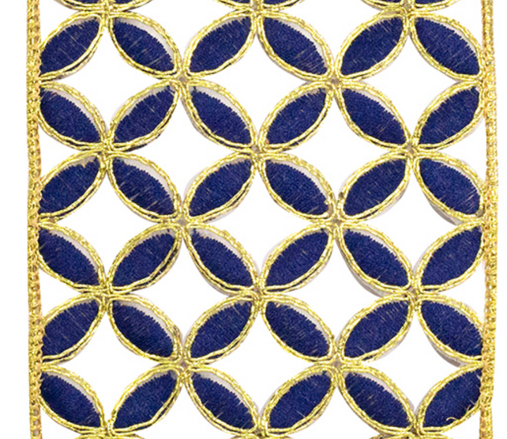 4" x 5 YDS Petal Embroidery Cut Out Deluxe Wired Edge - Navy and Gold