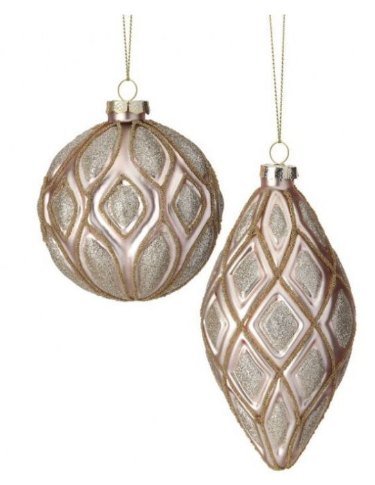 4" and 6" Glass Diamond Ball and Diamond Final Ornament - Set of 2 Blush Pink