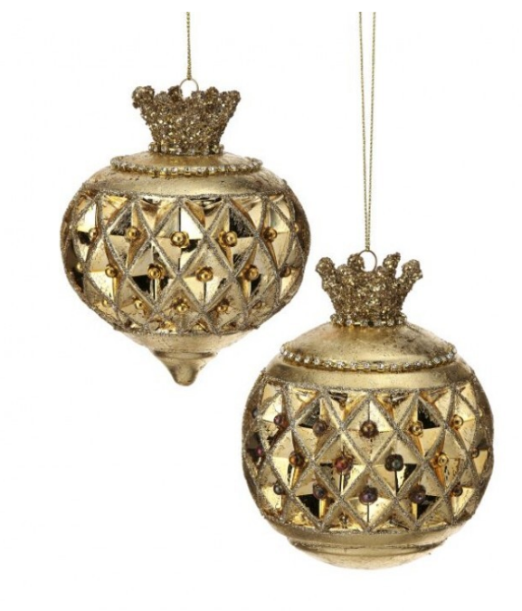 5" Glass Crown Ball and Finial Ornament - Set of 2 - Gold