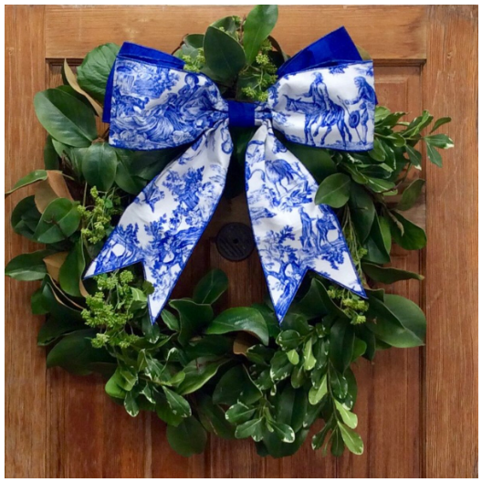 19" x 16" Canvas Toile Bow, blue and  white