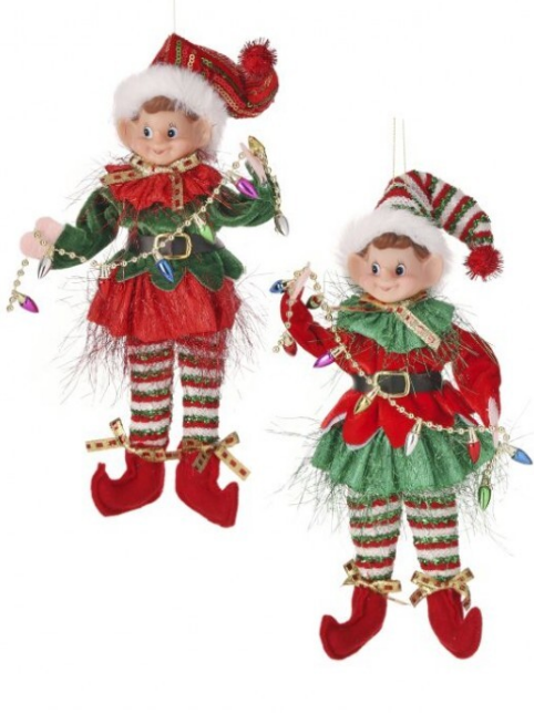 11" Fabric Tinsel Pixie Elf Ornament - Choice of Red or Green Collar