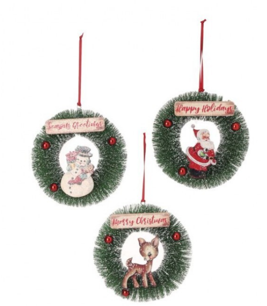 5.5" Sisal Wreath Ornaments - Set of 3 inc Santa, Deer and Snowman