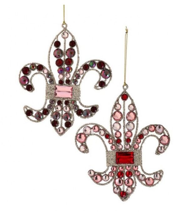 6" Glitter Wire Jewel Fleur De Lis Ornament - Choice of Pink or Red