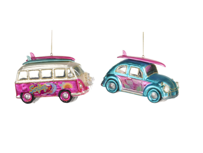 5.75" Retro Glass Van or Car Ornament with Surfboard