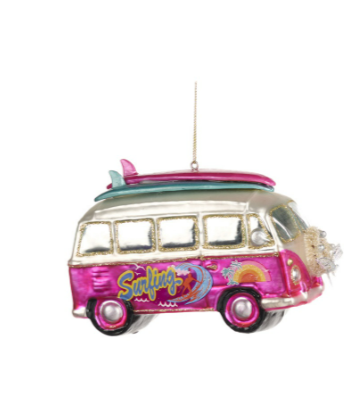 5.75" Retro Glass Van or Car Ornament with Surfboard