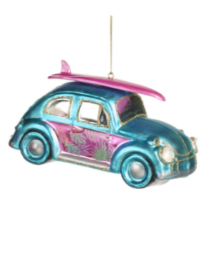 5.75" Retro Glass Van or Car Ornament with Surfboard