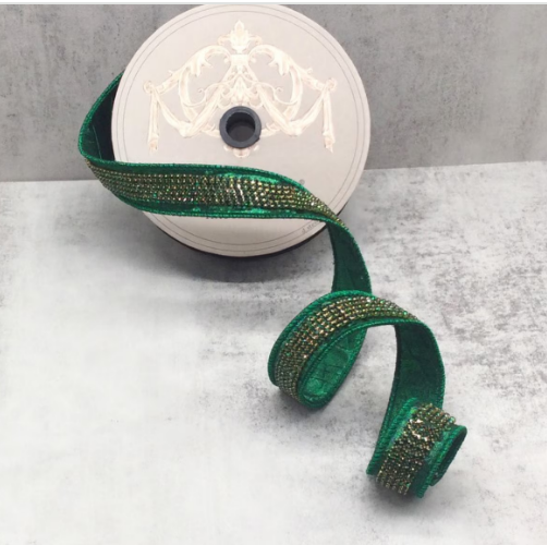 1" x 5 yds Metallic Dupion Duchess Emerald Green Jewel Center Ribbon