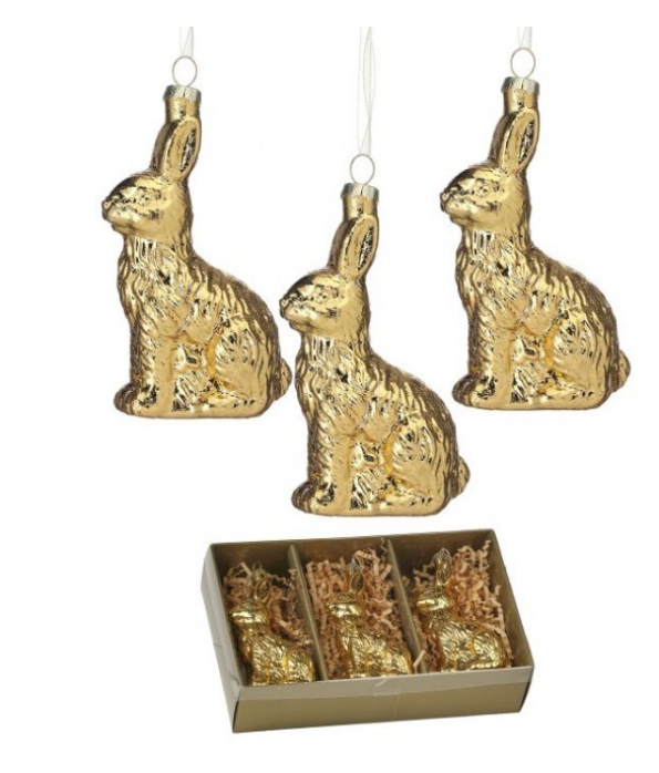 4"  Glass Foiled Bunny Ornament - Box Set of 3 in Gold