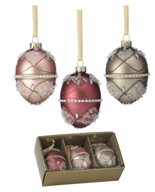 3.5" Glass Jewel and Pearl Egg Ornament - Box of 3