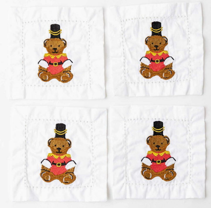 Teddy Bear Embroidered Cocktail Napkin Boxed Set of 4