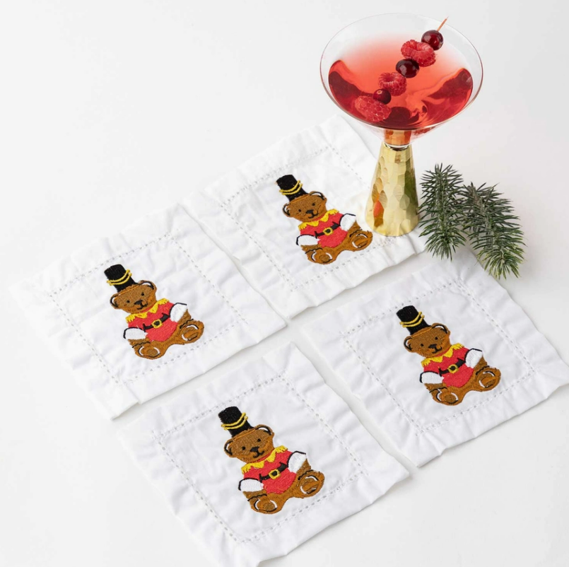 Teddy Bear Embroidered Cocktail Napkin Boxed Set of 4