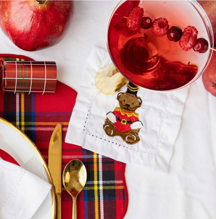 Teddy Bear Embroidered Cocktail Napkin Boxed Set of 4