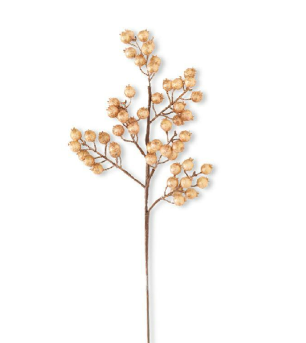 27"  Gold/Cream Crackle Glitter Rosehip Stem