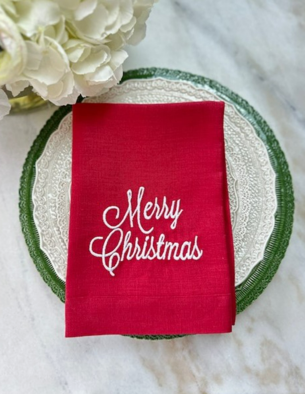 Merry Christmas Tri-Fold Napkin with Merry Christmas Embroidery
