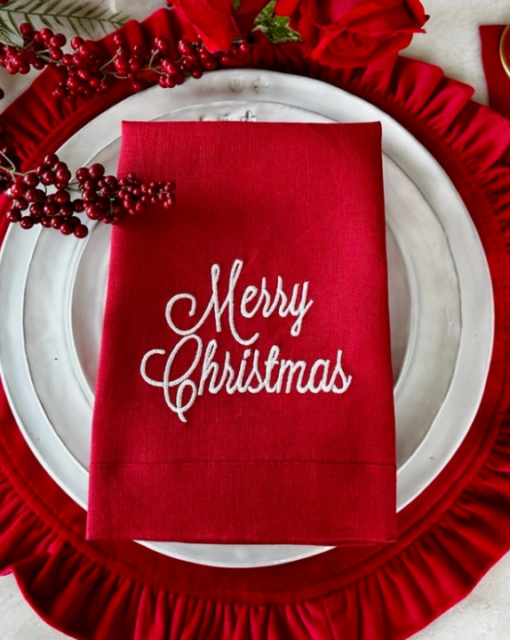 Merry Christmas Tri-Fold Napkin with Merry Christmas Embroidery