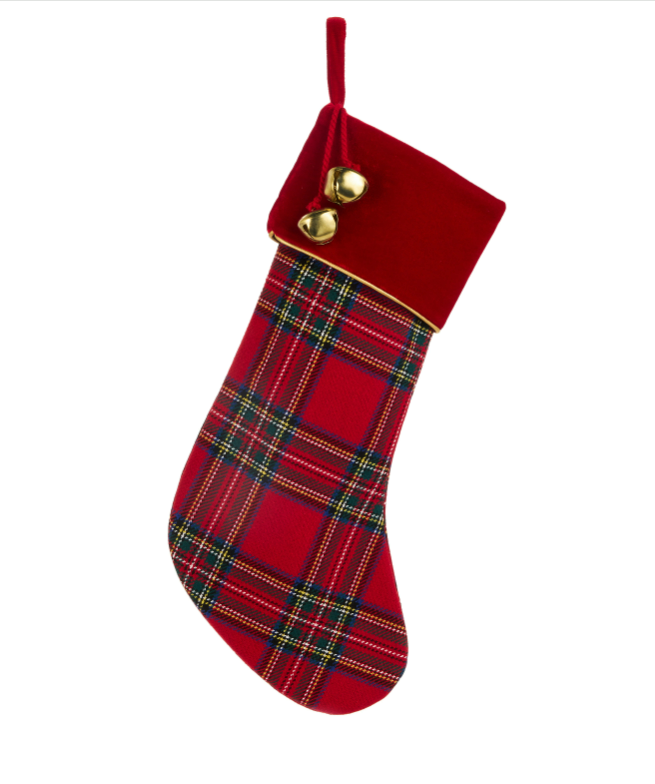 20" Red Plaid Stocking with Bells
