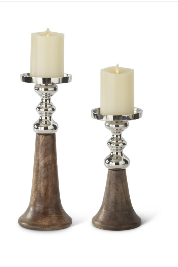 Mango Wood and SIlver Metal Pillar/Taper Candleholders  - Choice of 2 Sizes