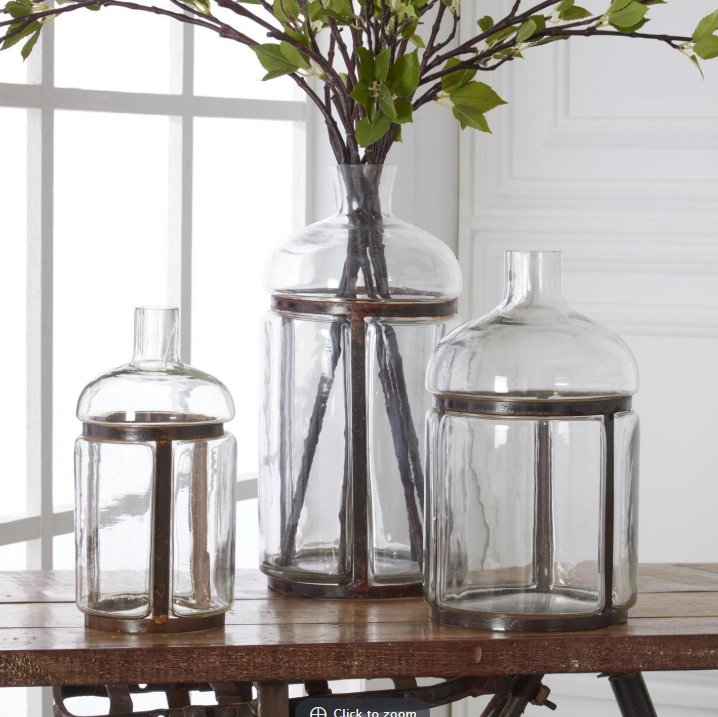 Clear Blown Glass Bottles in Metal Frames