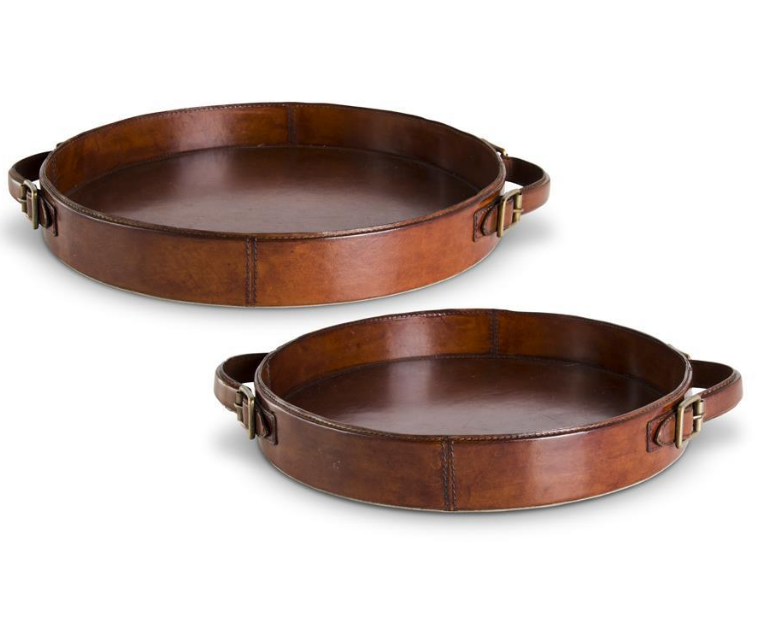 Brown Leather Round Trays with Brass Buckle Handles - Choice of 2 Sizes
