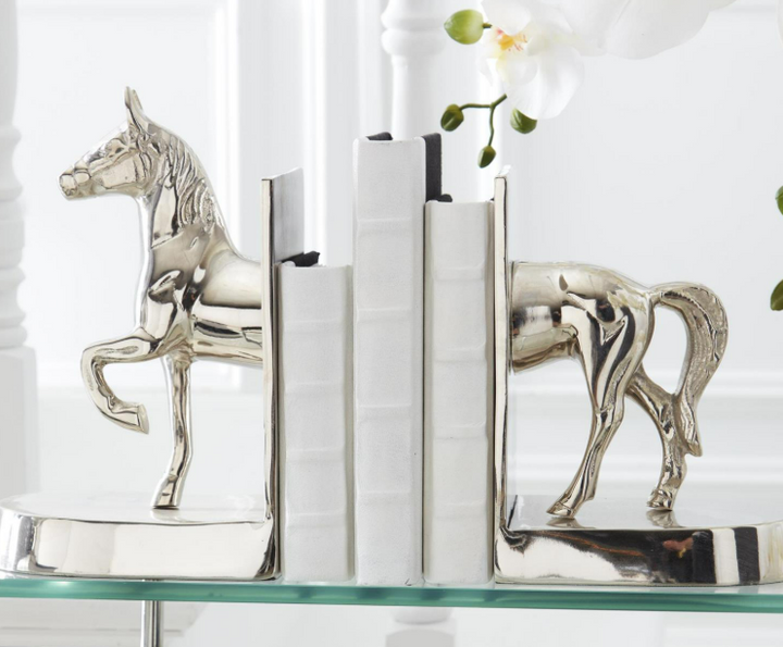 Set of 2 10" Polished Silver Metal Horse Bookends