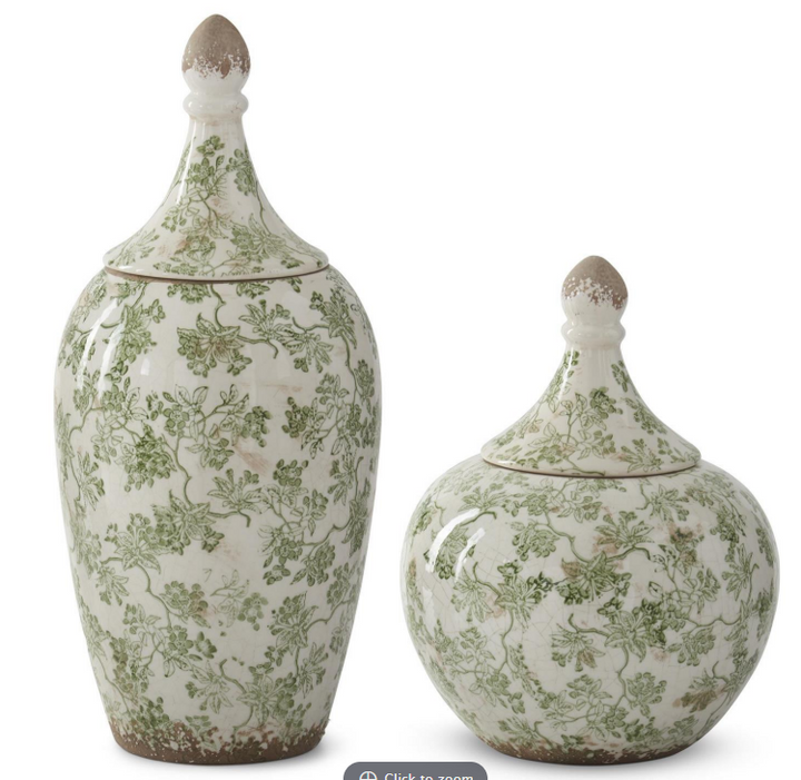 Green & Cream Crackled Ceramic Chinoiserie Ginger Jars - Choice of 2 Styles