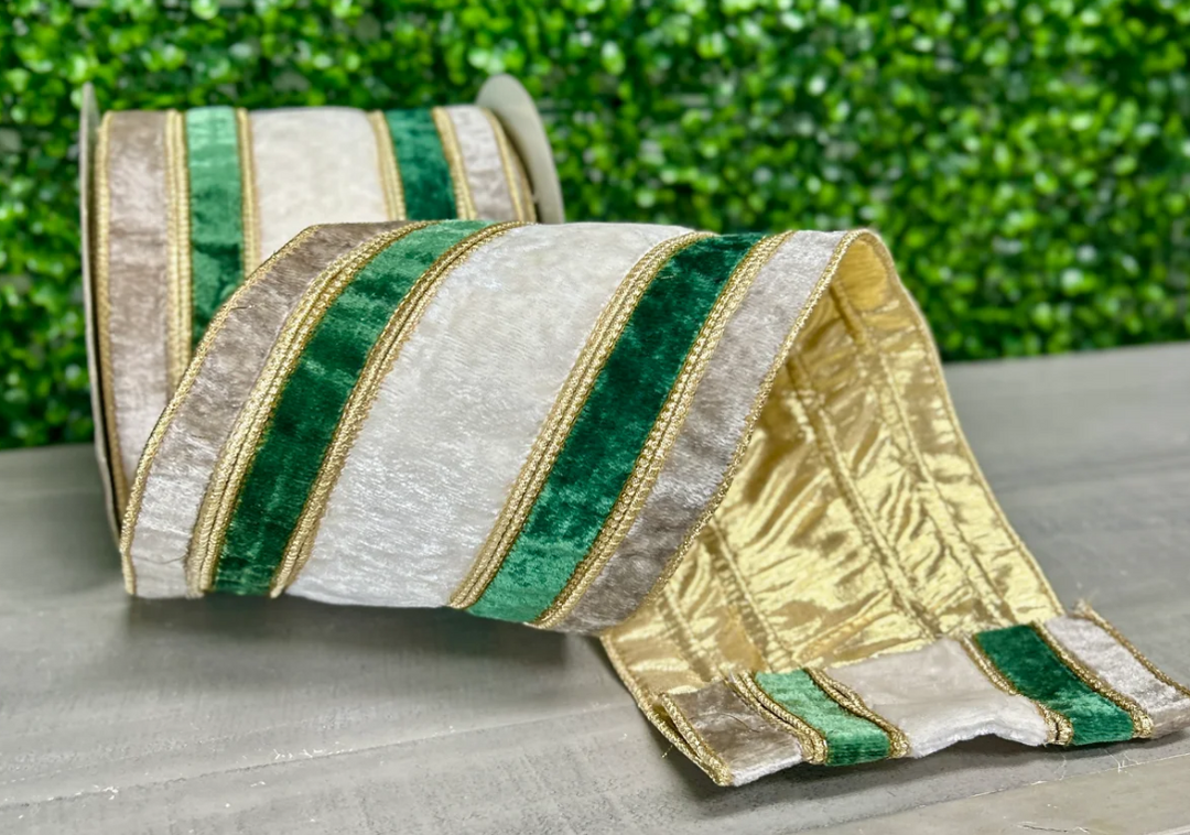 6" x 10 YDS Grey, Green, and White Velvet Stripe Metallic Dupion Double Fused