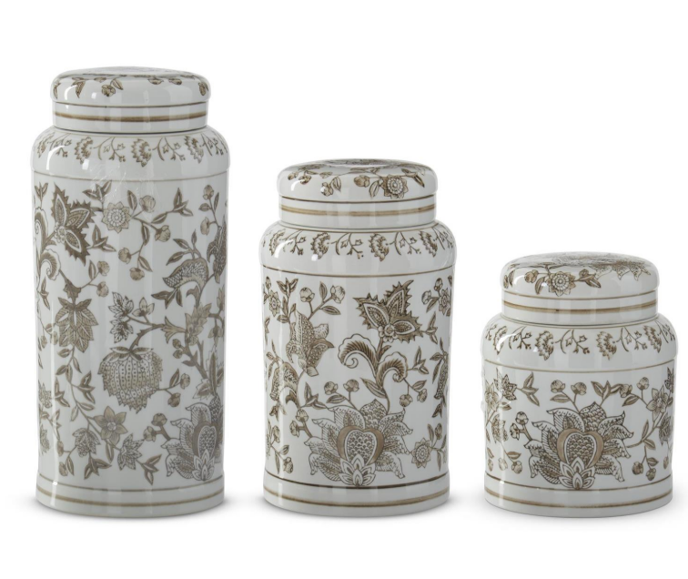 Taupe & White Porcelain Chinoiserie Lidded Jars - Choice of 3 Sizes