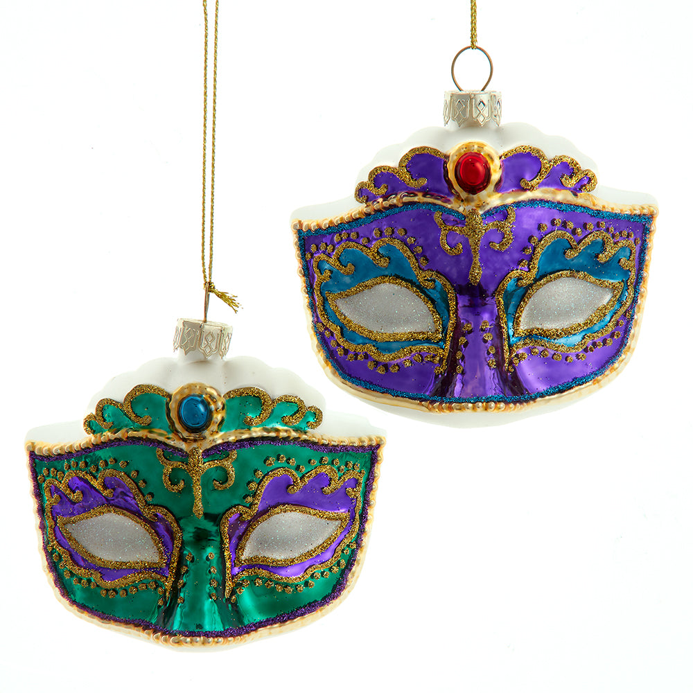 3.125" Glass  Peacock Inspired Mask Ornaments, Choice of Green or Purple